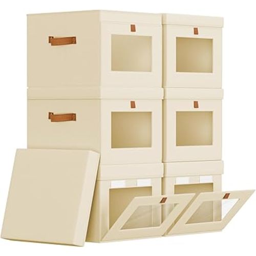 Storage Bins with Lid – Closet Organizer with Side Opening and Clear Window, Foldable Stackable Fabric Basket for Clothes, Home, Office - 13.77" x 11.8" x 9.8", 6 Pack, Beige