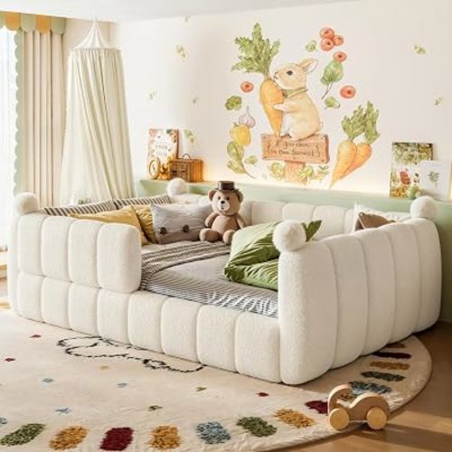 KEIKI Full Size Upholstered Montessori Floor Bed Frame with Full Surround Safety Rails, for Girls & Boys, Teddy Fleece Floor Bed with Slat, Easy Assembly, No Box Spring Required, for Bedroom, Beige