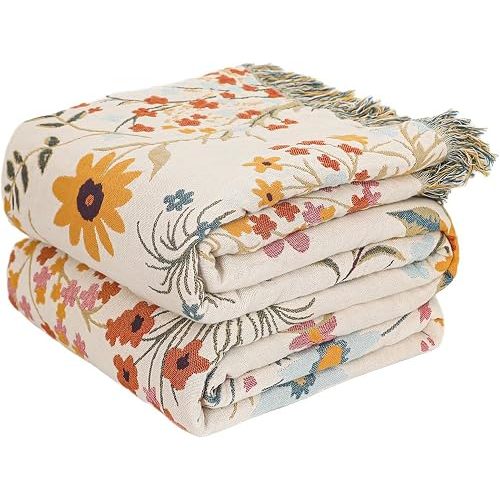 Boho Throw Blanket for Couch Sofa Chair Cotton Blankets for Bedroom Living Room All Season Soft Lightweight Reversible Floral Embroidery Throws 50"x60"