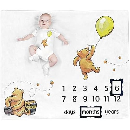 Winnie Bear Baby Milestone Blanket - Honey Design, Newborn to Toddler, Photo Frame Included Yellow