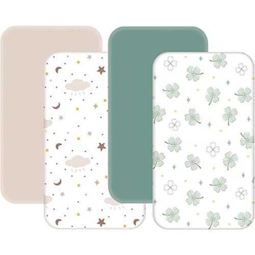 4 Pack Mini Crib Sheets - 38"x26" Pack and Play Sheets for Playard Mattress, Portable Mini Crib | Soft & Skin Friendly Pack N Play Sheets for Boys Girls (Clover & Moon Star)