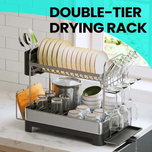 LEDREM 2-Tier Stainless Steel Dish Rack - Space Saving Design with Rotating Spout, Complete Drying System, Utensil & Glass Holders, Silver and Gray