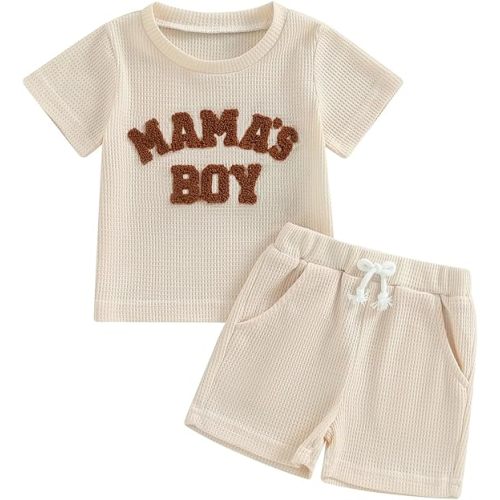 Kupretty Toddler Baby Boy Summer Clothes Embroiderey Waffle Knit Short Sleeve T-Shirt Tees + Casual Shorts Cute Clothing Set