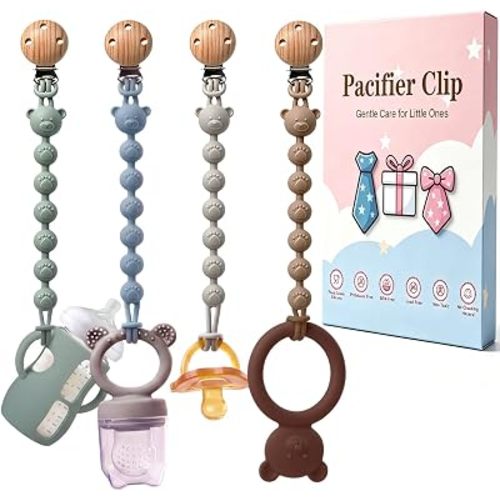 Silicone Pacifier Clip Holder with One Piece Design, Soft Flexible Binky Cute Bear Food Grade Silicone Binky Clips with Texture for Baby Boy and Girl Gifts Pack of 4