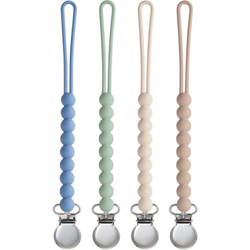 Pacifier Clip for Boys Girls - MORIBOX 4 Pack Paci Clip Soothie Baby Binky Holder for Shower Gift Birthday (Beige+Dbeige+Blue+Sage)