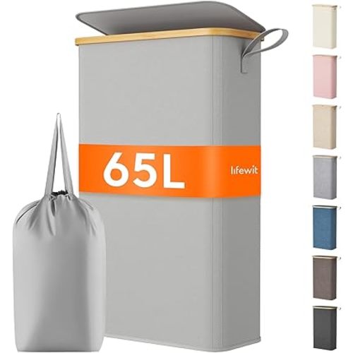 Lifewit 65L Slim Laundry Hamper with Lid, Narrow Laundry Basket with Removable Bag & Bamboo Handles, Fodable Thin Dirty Clothes Hamper for Laundry Collapsible Bin for Bathroom Bedroom Dorm,Silver Grey