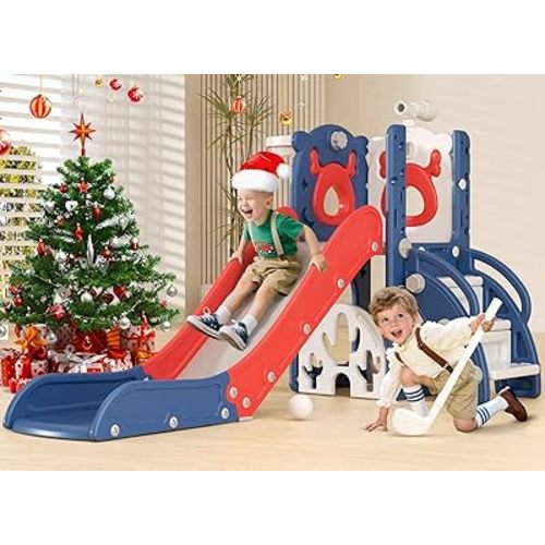 XJD 7 in 1 Toddler Slide, Kids Indoor Slide for Toddlers 12-36 Months, New Upgrade with Golf, Basketball Hoop for Indoor Outdoor Playset,Christmas Birthday Gifts for Toddler (Blue Red)