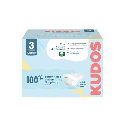 Kudos Size 3 Cotton-Lined Disposable Baby Diapers, 58 Count, Ultra Absorbent Baby Diapers, Soft Comfort, Gentle Materials, Secure Fit for Sensitive Skin