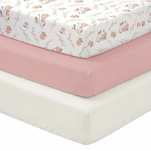 Baby Crib Sheets for Girls Boys, 3 Pack Fitted Crib Sheets 52 x 28 x 8 Inch, Soft Stretchy Polyester Baby Sheets for Standard Criband Toddler Mattress, Pink+White+Flower