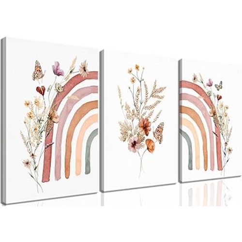AKWISH Boho Rainbow Wall Art for Girls Room - Set of 3 Framed Wildflower Canvas Prints for Nursery, Baby Girl Room, Kids or Dorm Decor - Soft Pastel Botanical Bohemian Wall Decor 12x16in