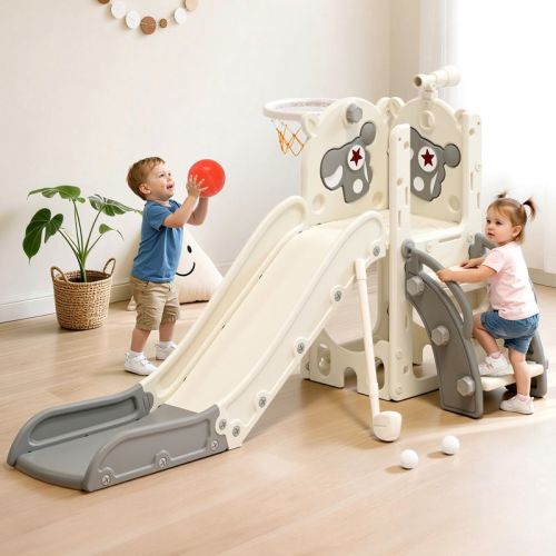 7 In1 Elk Toddler Slide, Kids Indoor Slide For Toddlers ,baby Slide For Indoor Outdoor With Basketball Hoop And Telescope (grey)