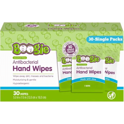 Boogie Antibacterial Hand Wipes, Alcohol Free, Hypoallergenic and Moisturizing Aloe, For Kids and Adults - 30 Wipes (Pack of 1)