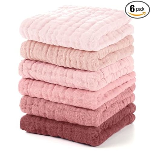 Unnivoll Muslin Burp Cloths Baby 12''X12'', Baby Washcloths 6 Pack, 100% Cotton Baby Wash Cloths Absorbent and Soft for Newborn Infants Kids Boys Girls - Gradient Pink