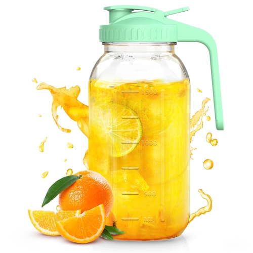 GPED Glass Mason Jar Pitcher, 64 oz 2 Quart, Wide Mouth Jug with Handle, Durable Silicone Lid