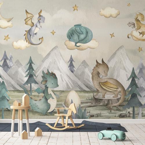 Whimsical Baby Dragon Forest Mountain Wallpaper Mural - Cute Fantasy Nursery Wall Art, Gender Neutral Kids Room Decor-C42