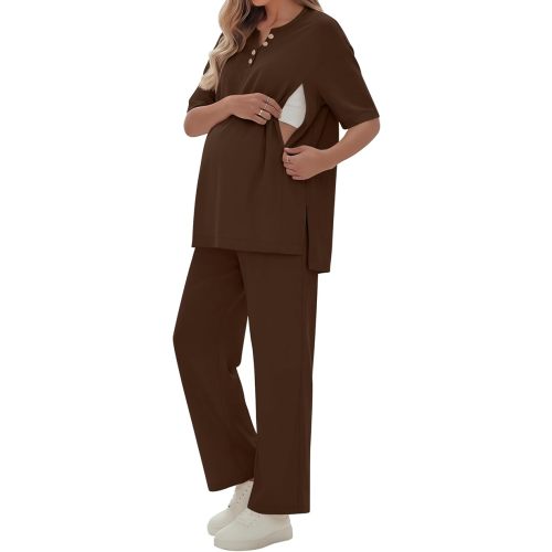 2 Piece Maternity Nursing Set Postpartum Breastfeeding Short Sleeve Zipper Shirts Wide Leg Pants Pregnancy Clothes