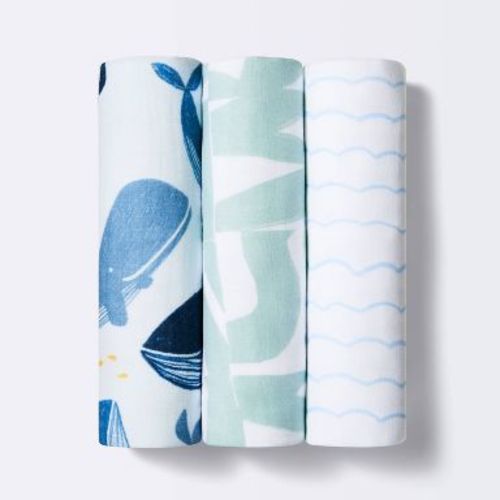 Muslin Swaddle Blanket - White/Blue - 3pk - Cloud Island™