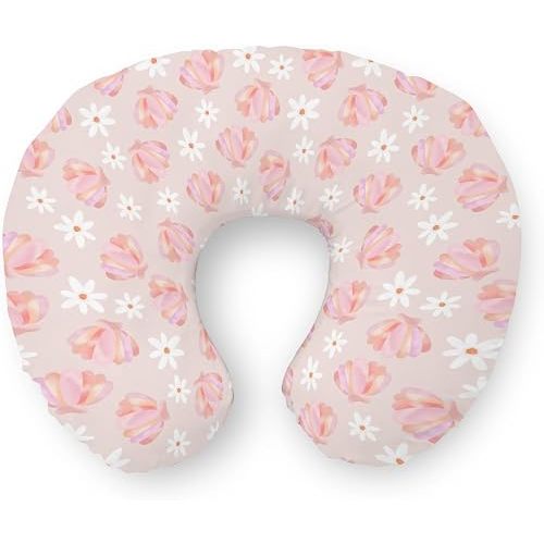 Boho Beach Seashells Floral Nursing Pillow Covers Pink Conch Flowers Soft Stretchy Nursing Cover Pillowcase for Breastfeeding Pillows Girly Summer Pillow Slipcover for Baby Girls Boys Newborn Nursery