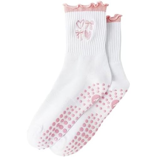 Yawlsow Cute Pilates Grip Socks for Women Ruffle Frilly Yoga Socks Non Slip Cotton Crew Grippy Sock for Barre Workout