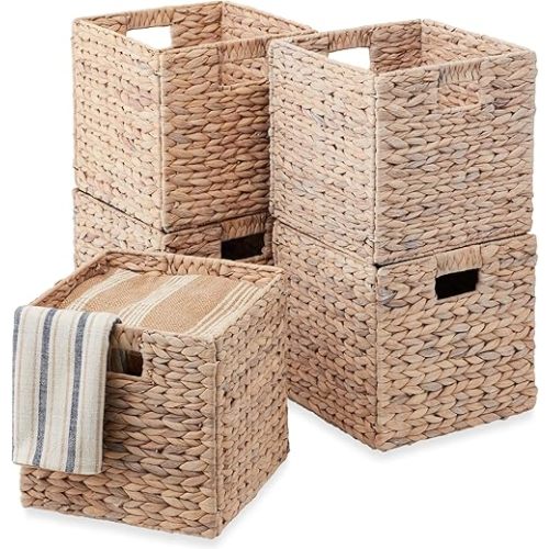 Best Choice Products 13x13in Pack of 5 Cube Storage Baskets, Water Hyacinth Multipurpose Collapsible Organizers, Handwoven Laundry Totes for Laundry, Living Room, Kids Room & Nursery - White