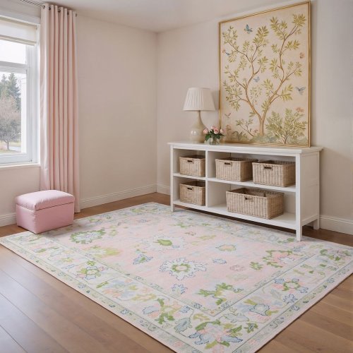 Addison Traditional Bordered Floral Pink/ Green Printed Washable Flat Pile Area Rug 9’10” x 12’