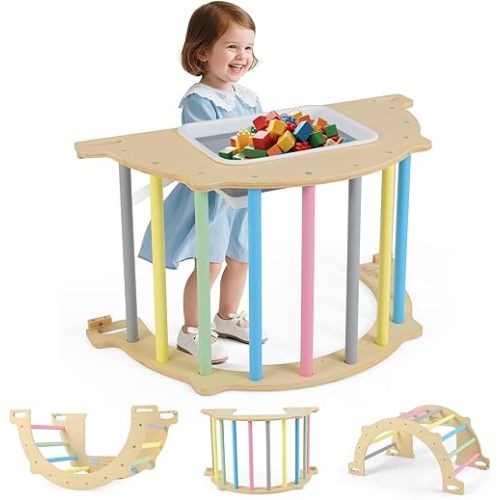 Olakids Climbing Arch for Toddlers, 5 in 1 Wooden Indoor Kids Climber Rocker Montessori Sensory Table with Foldable Storage Bin, Baby Pikler Toy Set Gym Learning Crawling Gift for Children (Colorful)