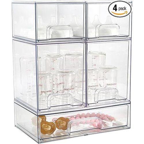 Baby Bottle Organizer, 5 Pack Clear Space-Saving Stackable Drawer with Handle, Baby Bottle Storage Organizer for Countertop and Cabinet