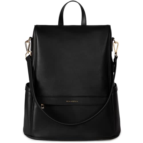 MIA + SOPHIA Leather Diaper Bag Backpack with USB Charging port, Changing Pad, Stroller Straps (Black Mia)