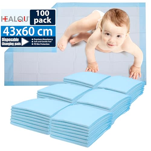 Healqu 100 Pack,Disposable Baby Changing Pad Liners - 17x24 Inches Super Soft, Absorbent and Waterproof - Mess-Free Baby Diaper Changes on Every Surface
