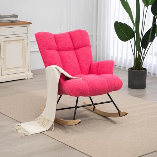SAETSFEG Nursery Rocking Chair Teddy, Upholstered Glider Rocker with High Backrest, Comfortable Stylish Accent Armchair with Padded Seat for Living Rooms, Bedrooms, HotPink