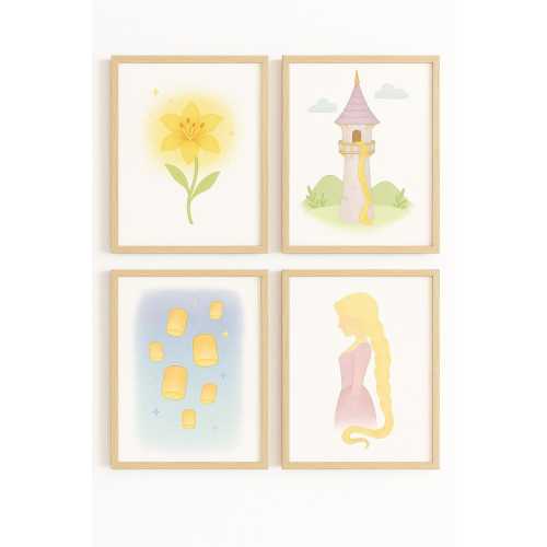 Rapunzel Fairy Tale Wall Art – Pastel Watercolor Prints – Digital Download – Castle Tower, Lanterns, Flower, Princess Silhouette