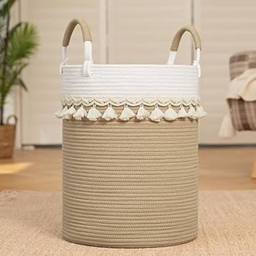 OIAHOMY Nursery Hamper, Decorative Blanket Basket for Living Room, Tall Laundry Basket With Handles, Large Nursery Clothes Hamper, Woven Laundry basket Organizer (Yellow)