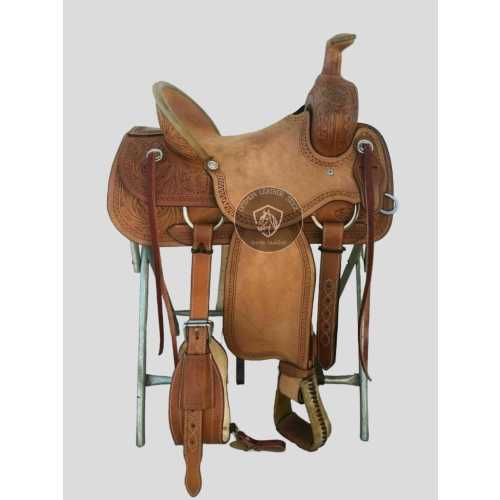Premium Leather Hand Carved Western Ranch Roper Horse Saddle With Matching Headstall, Breast Collar, Reins & Back Cinch.