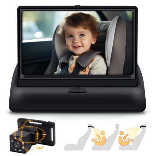 GJX Baby Car Camera,4.3'' HD Night Vision Function Car Mirror Display,360° Adjustable Safety Car Seat Mirror Camera Monitored Mirror with Wide Clear View,Easily Observe Baby’s Move