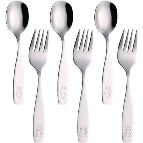 Exzact Children Cutlery 6pcs Stainless Steel Flatware Set/Kids Toddler Fork and Spoon - 3 x Forks, 3 x Dinner Spoons - Dog & Bunny Engraved