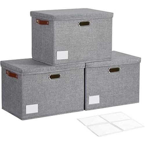 17" Large Collapsible Storage Bins with Lids, Stackable Closet Organizers with PU Handle and Labels, 3-Pack Decorative Fabric Storage Boxes for Home, Bedroom, Closet, Office, Nursery(Gray)