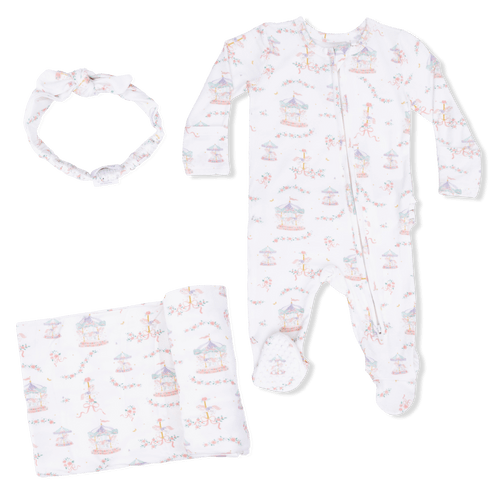Carousel with Bows - 2 Way Ruffle Back Zipper Footie, Headband, & Swad – Angel Dear