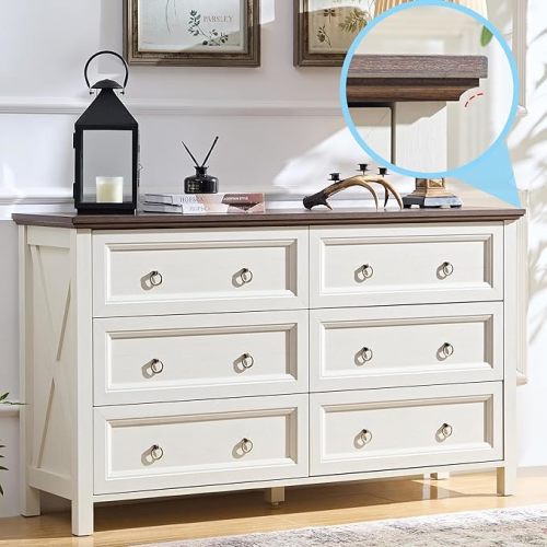 Farmhouse 6 Drawer Dresser for Bedroom, Double Wood Chest of Drawers with 1.2" Thickened Top - 54" W x 31.5" H, Antique White