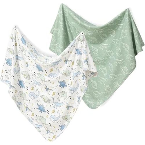 david's kids 2 Pack Baby Organic Cotton Swaddle Blankets, 100% Organic Cotton and Ultra Soft Breathable Receiving Blanket Wrap for Boys Girls, New Born Essentials, 35 x 35 inches, Dinosaur Park