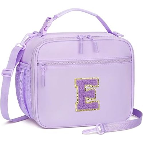 Kids Initial Lunch Bag, Reusable Insulated Lunch Box for Girls Toddlers, Back to School Gift, Leak-proof Cooler Bag for School Daycare Travel Picnic, Purple-E