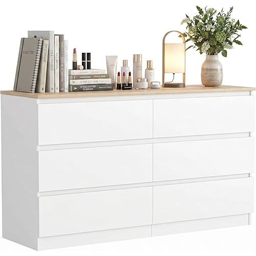 White 6 Drawer Dresser with Oak Top for Bedroom, Modern Chest of Drawers for Bedroom,Wood Bedroom Storage Organizer Furniture,6 Deep Drawers Dresser for Closet