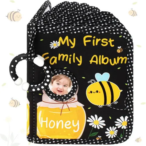 My First Photo Album for Baby Soft Toddlers Family Photo Book with Safe Mirror Holds 17 4 x 6 Photos Family Album Picture Book Gift for Newborn Toddler Kids Baby Shower(Bee)