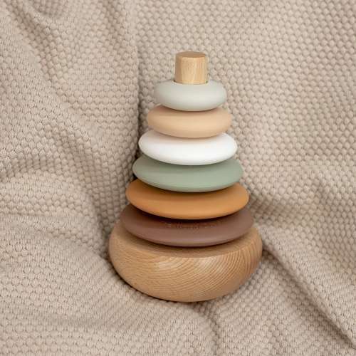 Silicone + Wood Rocking Ring Stacking Toy (Woodland)