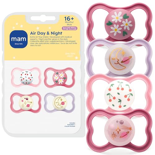 MAM Air Pacifier 16+ Months, Extra Air Flow for Sensitive Skin, 4 Pack | Glows In The Dark, Developed With Medical Experts, BPA-Free Skin Soft Silicone, Made In Europe
