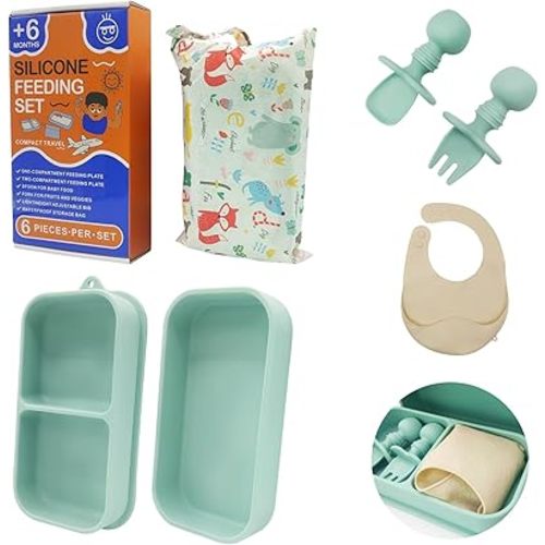 Travel Silicone Baby Feeding Set, 6 In 1 Portable Plates Spill Proof with Suction, Silicone Baby Spoon & Fork, Lightweight Foldable Baby Bib for Toddler with Waterproof Storage Bag - Green