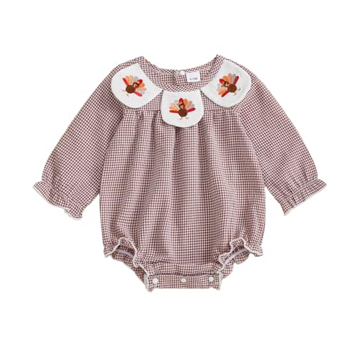 Infant Baby Girl Thanksgiving Outfit Turkey Embroidery Plaid Bubble Romper Long Sleeve Smocked Bodysuit Cute Clothes