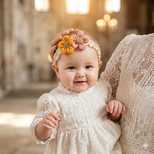 Baby Girl Headband Set of 3 – Lace Bow Turban – Soft Stretch Newborn Headwrap – Baptism Cake Smash Photo Prop Gift