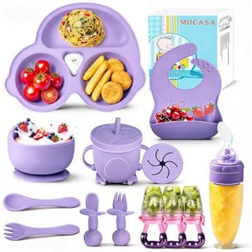 Silicone Baby Feeding Set,Miicasa Baby Led Weaning Supplies Kit With Suction Bowl & Car Plate, Bib, Spoon, Fork, Cup - Food-Grade Silicone, Dishwasher-Safe, No BPAs - For 3+ Months