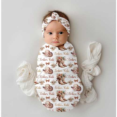 Floral Cowgirl Boots Personalized Girl Swaddle Blanket, Coming Home Outfit, Baby Shower Gift, Western Swaddle Set, Hospital Name Reveal