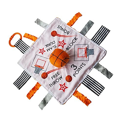 Baby Jack & Co 10x10” Basketball Sports Lovey Sensory Plush Blanket - Tag Toy for Babies - Baby Stroller Toy - Learn Shapes, Letters & Colors - Baby Ball Toy & Baby Sports Gift w/Stroller Clip